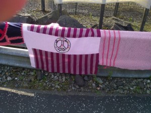 Section of the Scottish Wool Against Weapons Peace scarf at the North Gate Faslane Naval Base 20.09.14.