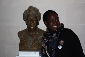 Marie-Lyse Numuhoza with newly unveiled statue of WILPF founder, Aletta Jacobs. Centenary Congress, 1915